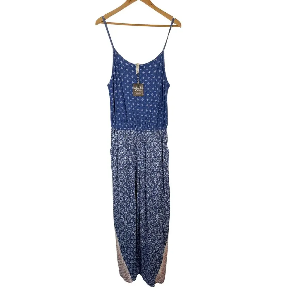 Matilda Jane Lets go together Open Road Jumpsuit Blue Mixed Print Medium NEW